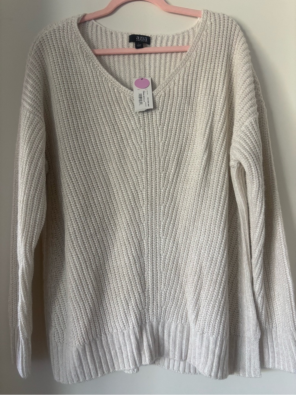 A.N.A V-Neck Ribbed Sweater in Light Cream with subtle metallic threads